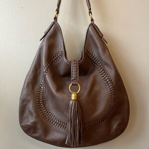 Lauren Ralph Lauren Chocolate Brown Whipstitch Tassel Leather Hobo Shoulder Bag